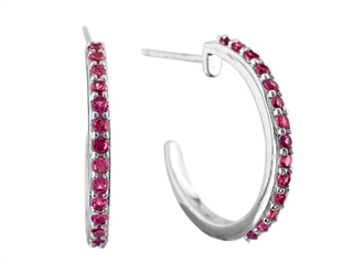 The impressing 1.5mm Created Ruby Post--With-Friction-Back Hoop Earrings, crafted in 925 Sterling Silver. This beautiful design is set with 28 stones prong set red Round Created Ruby eye clean clarity. This style measures 2.00 mm wide, 19.00 mm long.