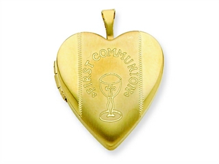This alluring 1/20 Gold Filled 20mm First Communion Heart Locket - Chain Included, crafted in 14 kt Yellow Gold Filled. This style measures 19.00 mm wide, 25.00 mm long.<br />  Free 18 inches chain included <br />.