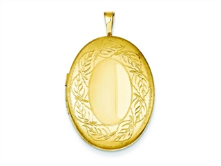 The alluring 1/20 Gold Filled 20mm Leaf Border Oval Locket - Chain Included, crafted in 14 kt Yellow Gold Filled. This design measures 20.00 mm wide, 32.00 mm long.<br />  Free 18 inches chain included  Bail Width: 2 mm Bail Length: 5 mm<br />.