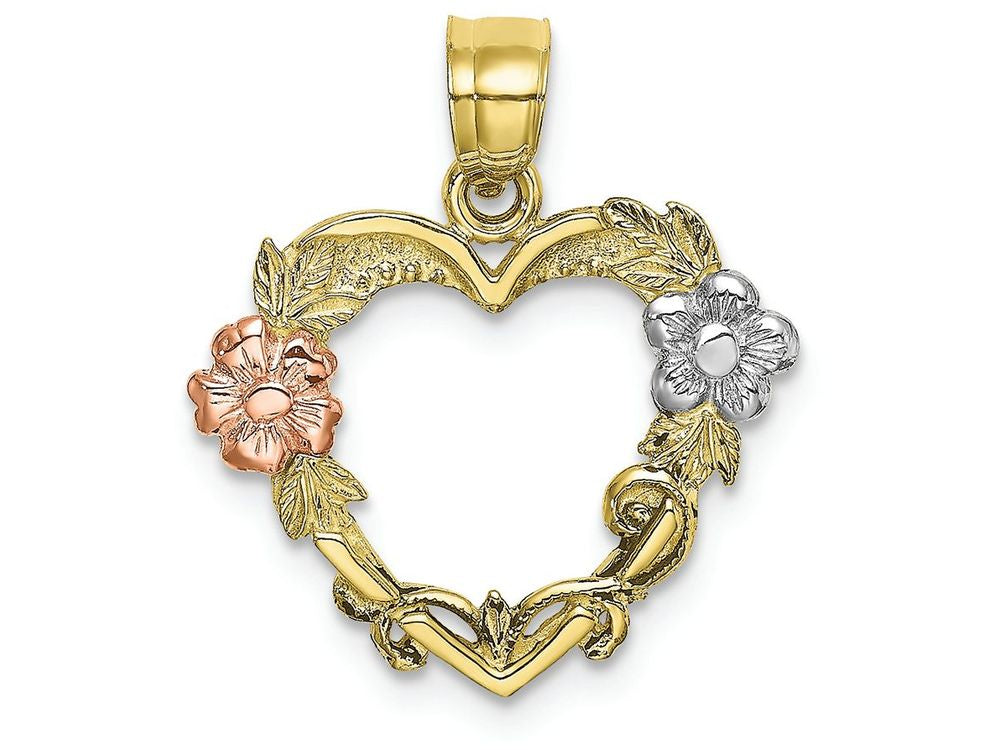 FJC Finejewelers 10 Kt Tri Color Gold Heart with Pink White Flowerstri-color Charm