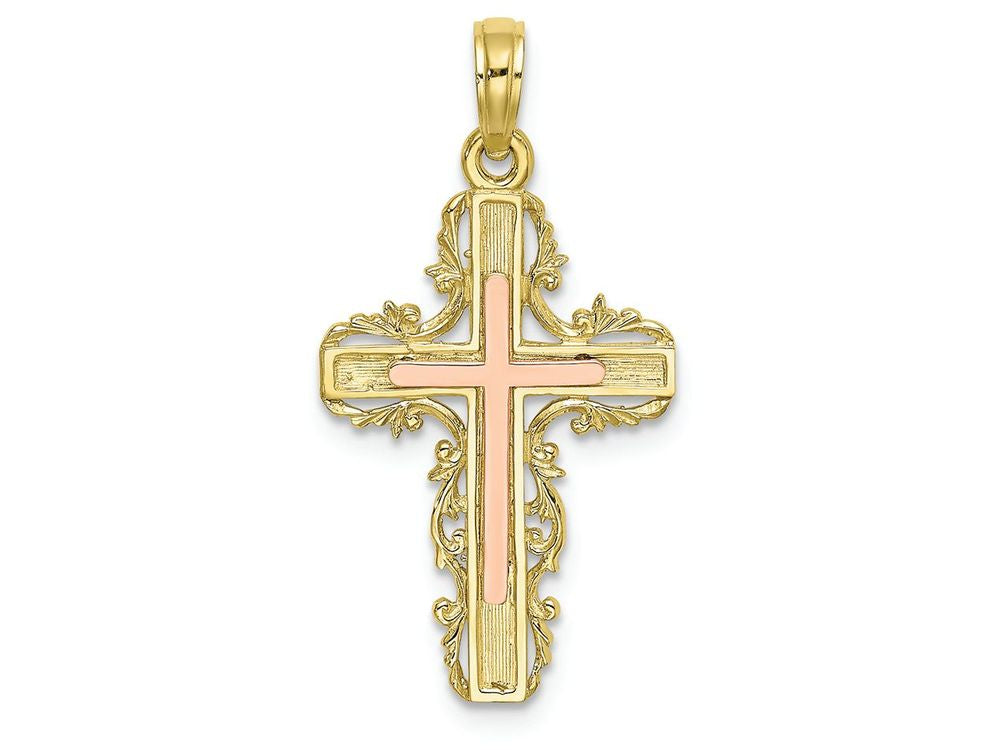 FJC Finejewelers 10k Two-tone Gold Cross with Lace Trim Pink Center Cross Charm