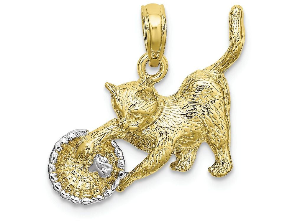 FJC Finejewelers 10k Yellow Gold with with Rhodium Cat Playing with Yarn In Basket Charm
