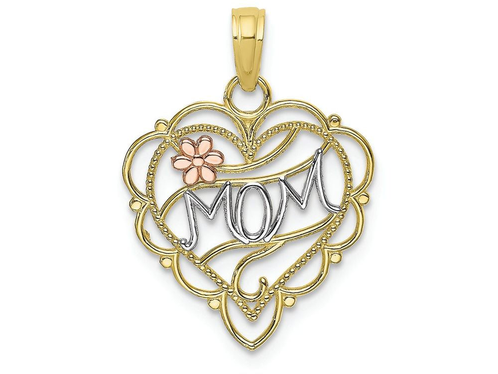FJC Finejewelers 10k Two-tone Gold White Mom On Scallop Heart with Pink Flower Charm
