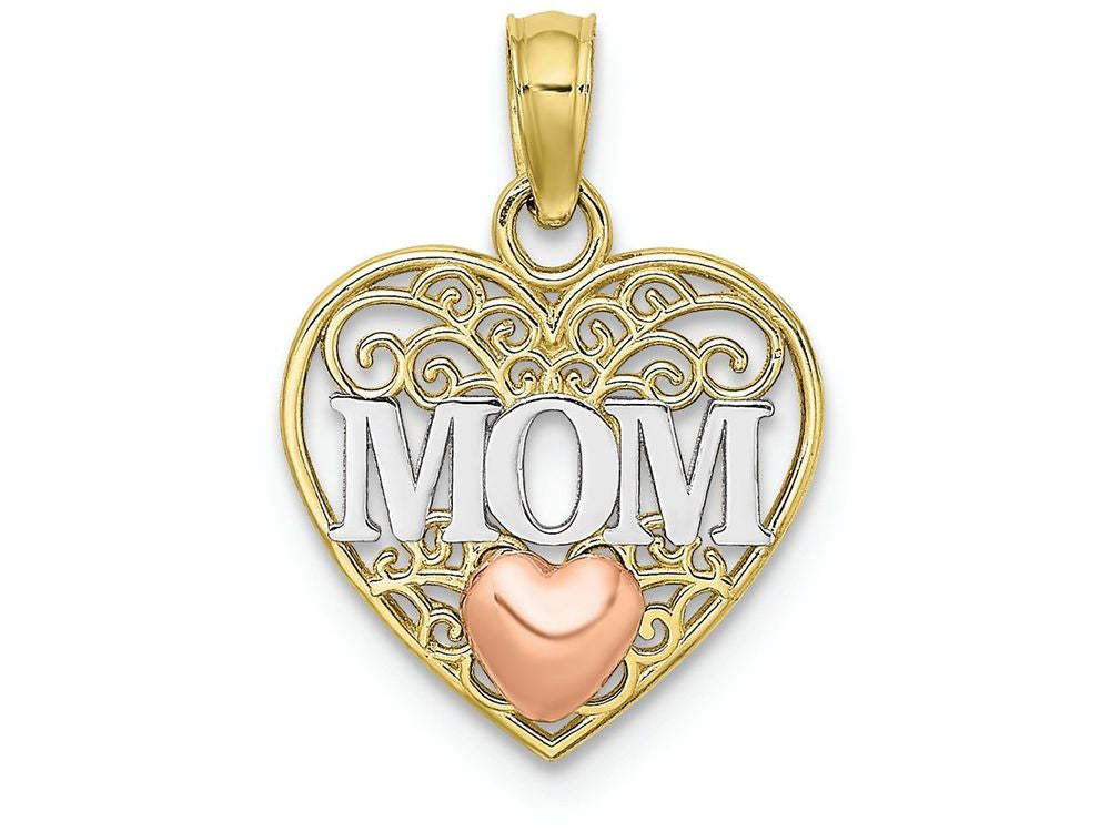 FJC Finejewelers 10k Two-tone Gold Wht Mom In Filigree Heart with Pink Hearttri-color Charm