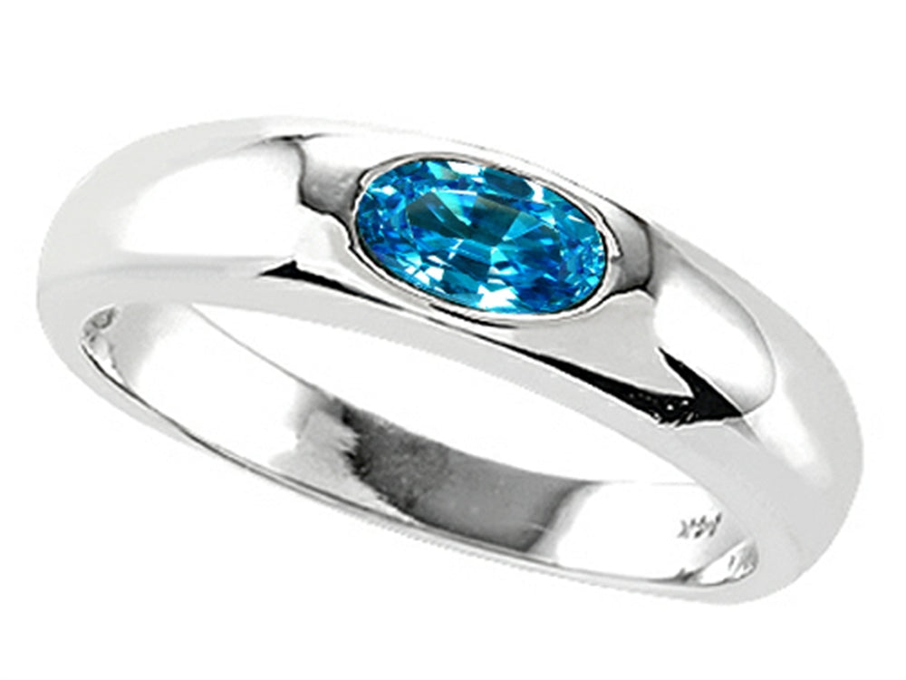 Tommaso Design™ Oval 6x4mm Genuine Blue Topaz Birthstone Wedding Band