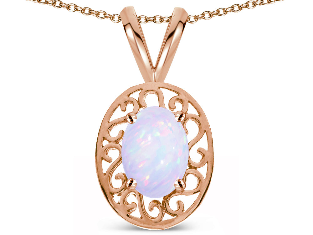 Star K ™ Vintage Style Filigree Oval 6x4 Genuine Opal Pendant Necklace