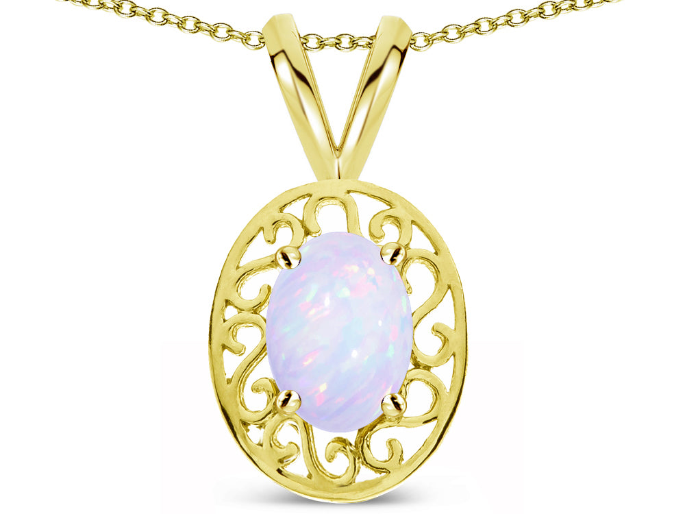 Star K ™ Vintage Style Filigree Oval 6x4 Genuine Opal Pendant Necklace