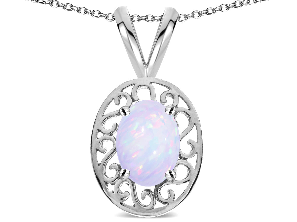 Star K ™ Vintage Style Filigree Oval 6x4 Genuine Opal Pendant Necklace