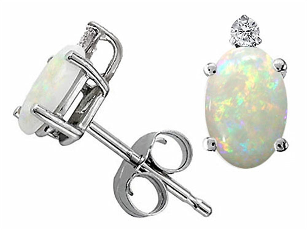 Tommaso Design™ Genuine Oval Opal and Diamond Earrings Studs