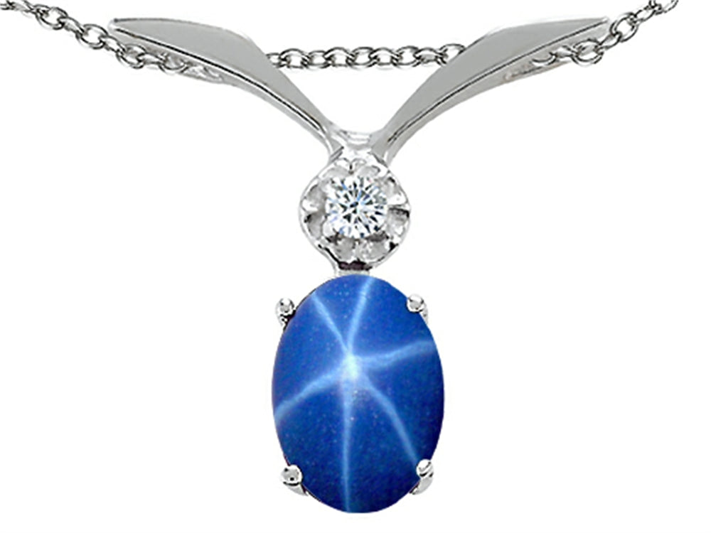 Tommaso Design™ Oval 8x6mm Created Star Sapphire and Genuine Diamond Pendant Necklace