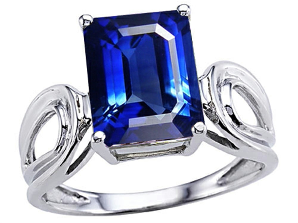 Tommaso Design Emerald Cut 10x 8mm Created Blue Sapphire Solitaire Ring