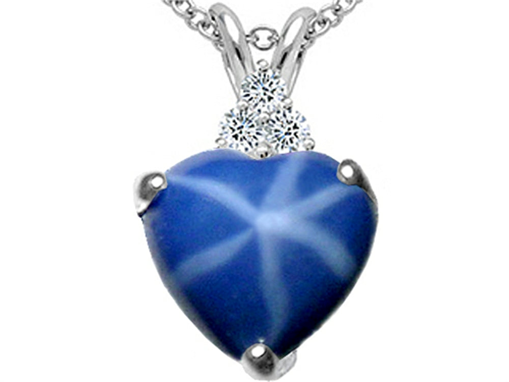 Tommaso Design™ Heart Shape 8mm Created Star Sapphire and Genuine Diamond Heart Pendant Necklace