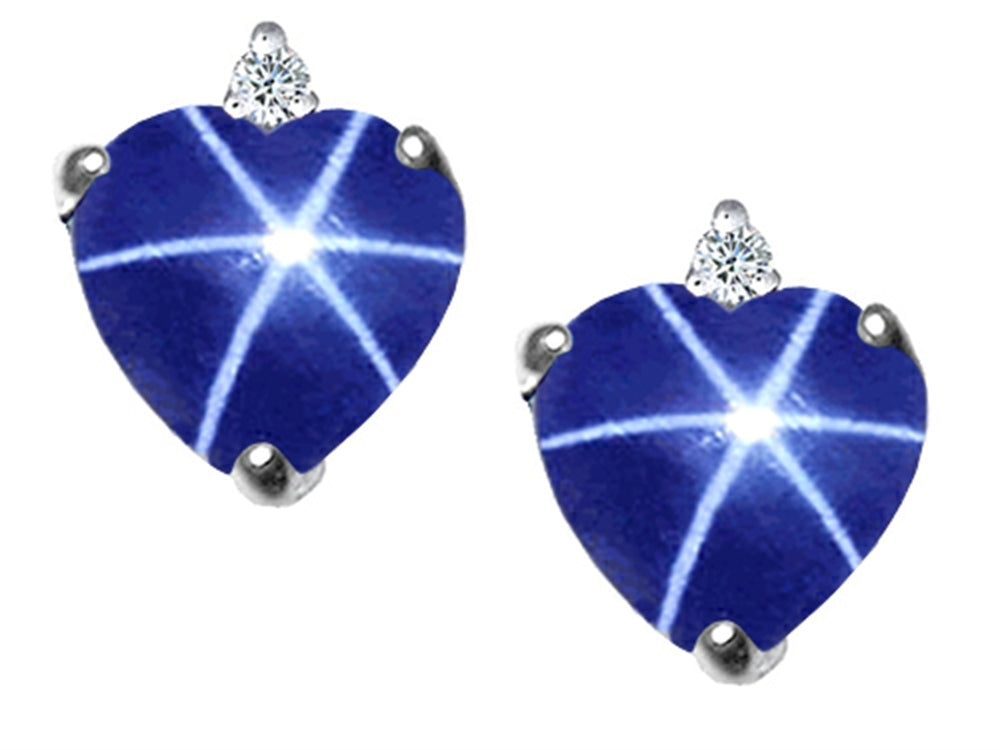 Tommaso Design™ Heart Shape Created Star Sapphire and Genuine Diamonds Earrings Studs