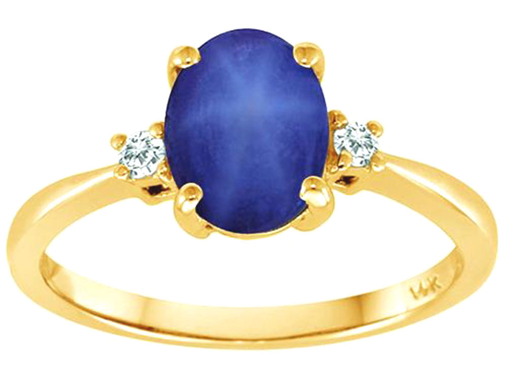 Tommaso Design Oval Created Star Sapphire 8x6mm 3 stone Engagement Ring