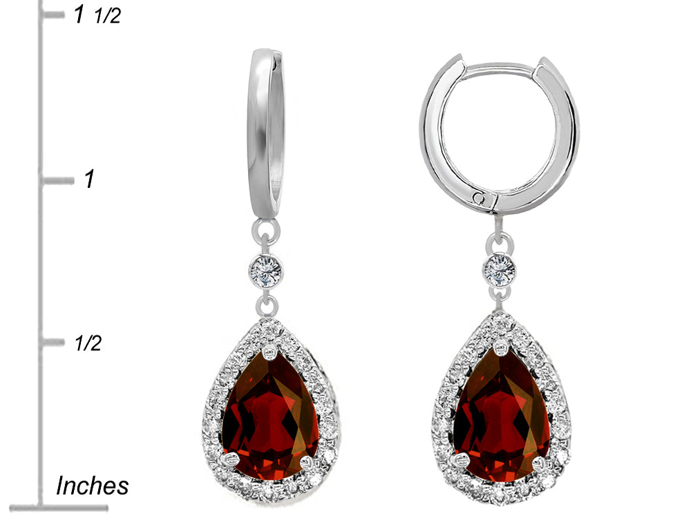 Star K™ Pear Shape 9x7mm Simulated Garnet Drop Earrings Dangling On Huggie Hoop