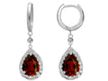 Star K™ Pear Shape 9x7mm Simulated Garnet Drop Earrings Dangling On Huggie Hoop