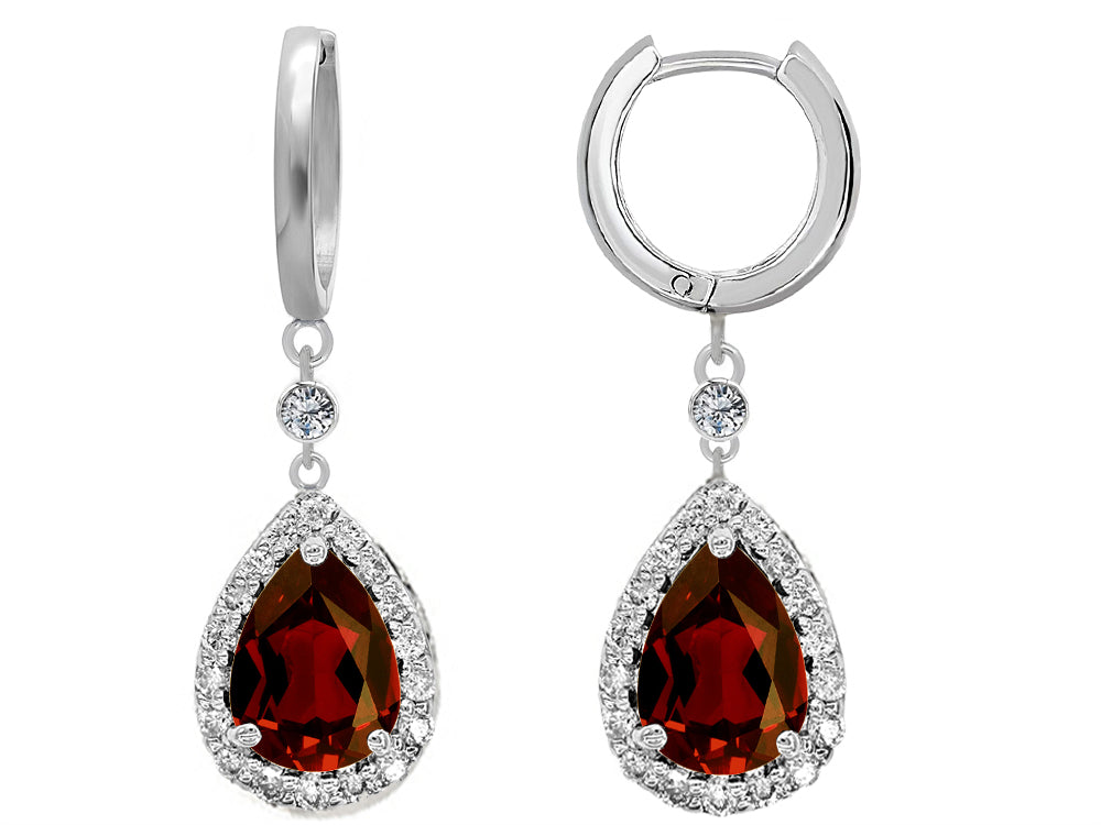 Star K™ Pear Shape 9x7mm Simulated Garnet Drop Earrings Dangling On Huggie Hoop