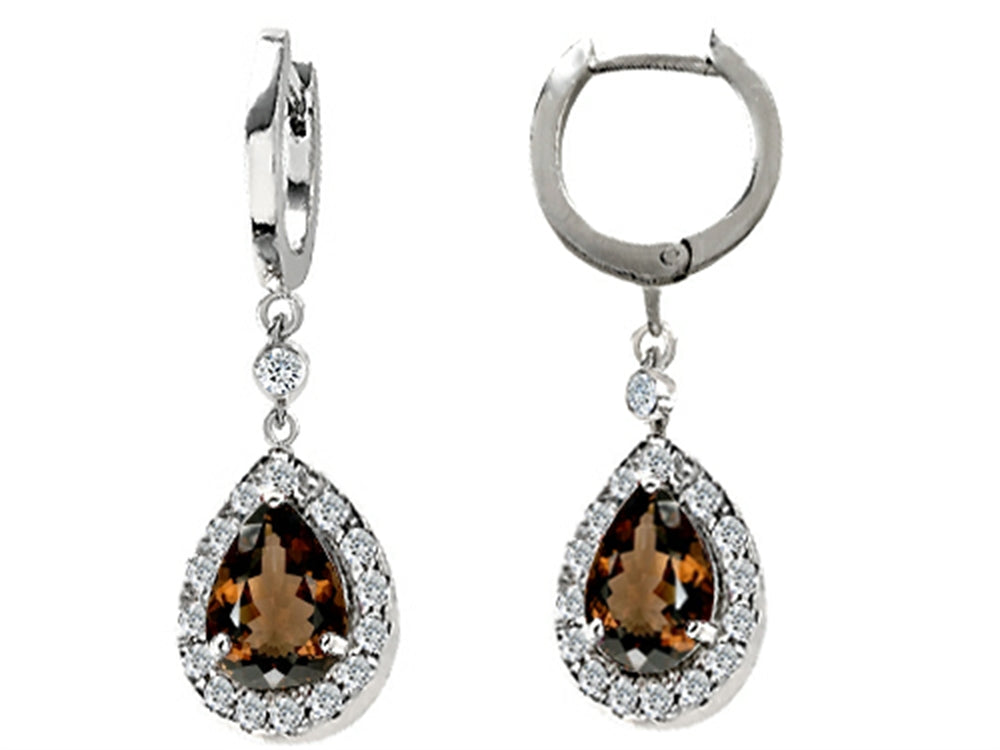 Star K™ Genuine Smoky Quartz 1.50 Inch Drop Earrings Dangling On 35mm Huggie Hoop
