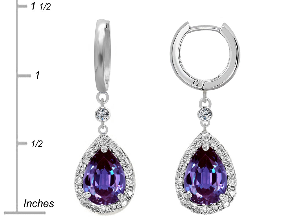 Star K™ Pear Shape 9x7mm Simulated Alexandrite Drop Earrings Dangling On Huggie Hoop