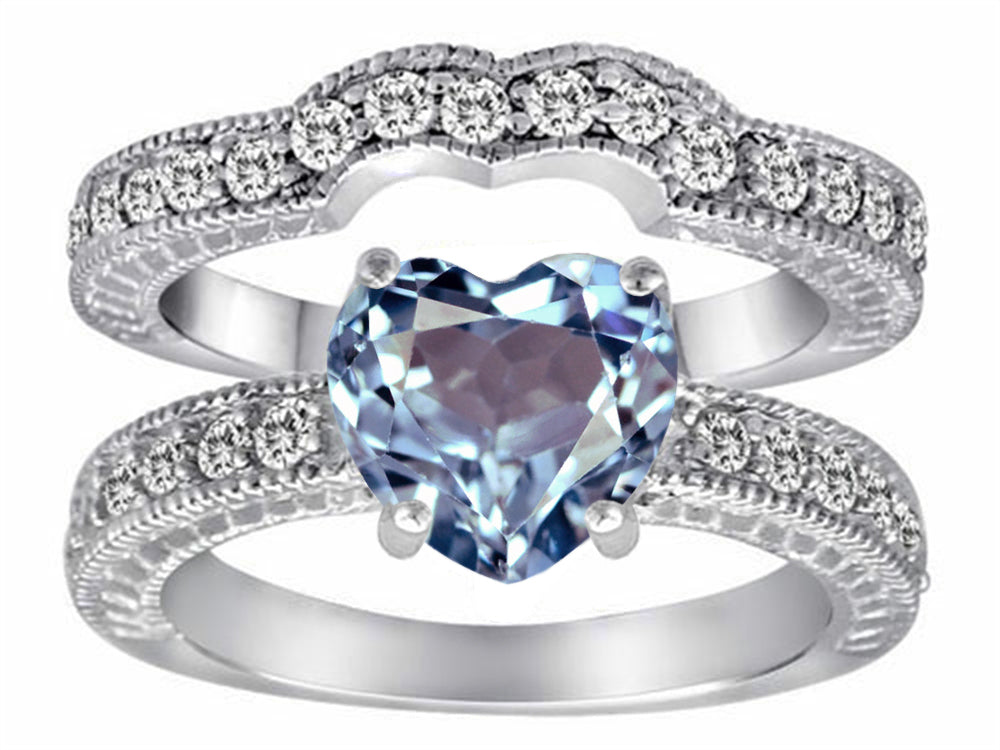 Star K™ 8mm Heart Shape Simulated Aquamarine Wedding Set