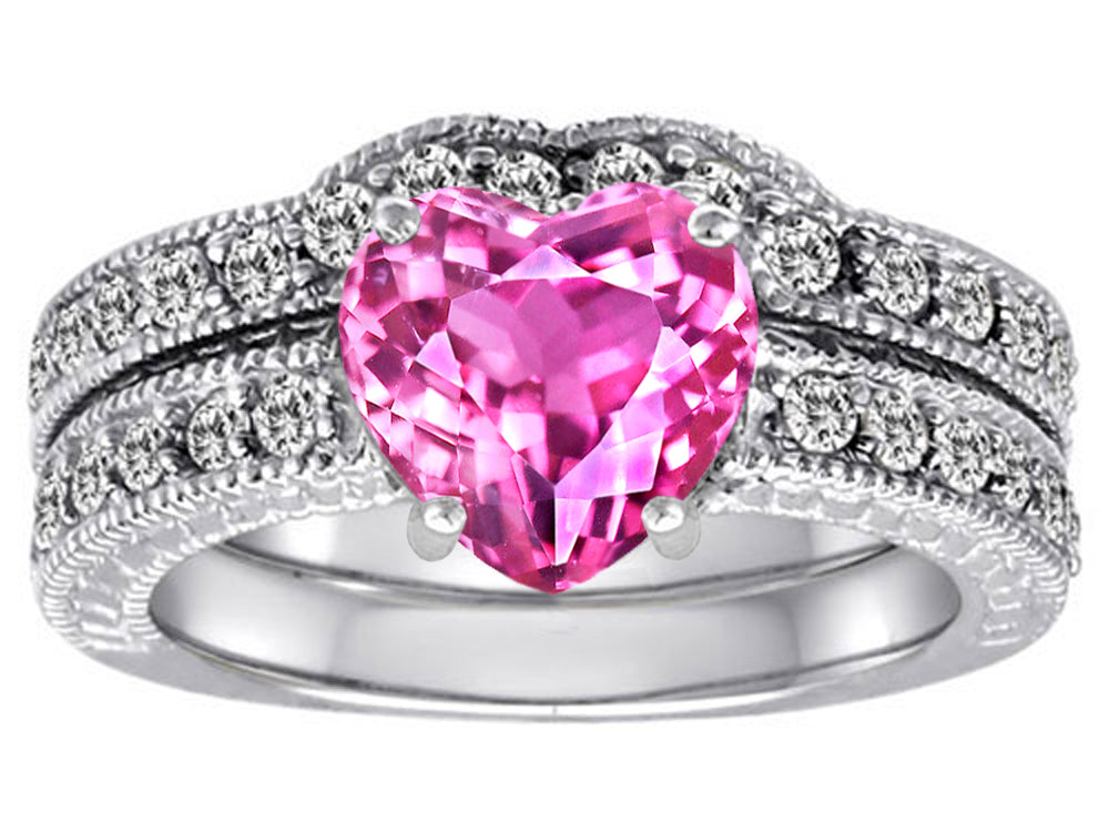 Star K™ 8mm Heart Shape Created Pink Sapphire Wedding Set