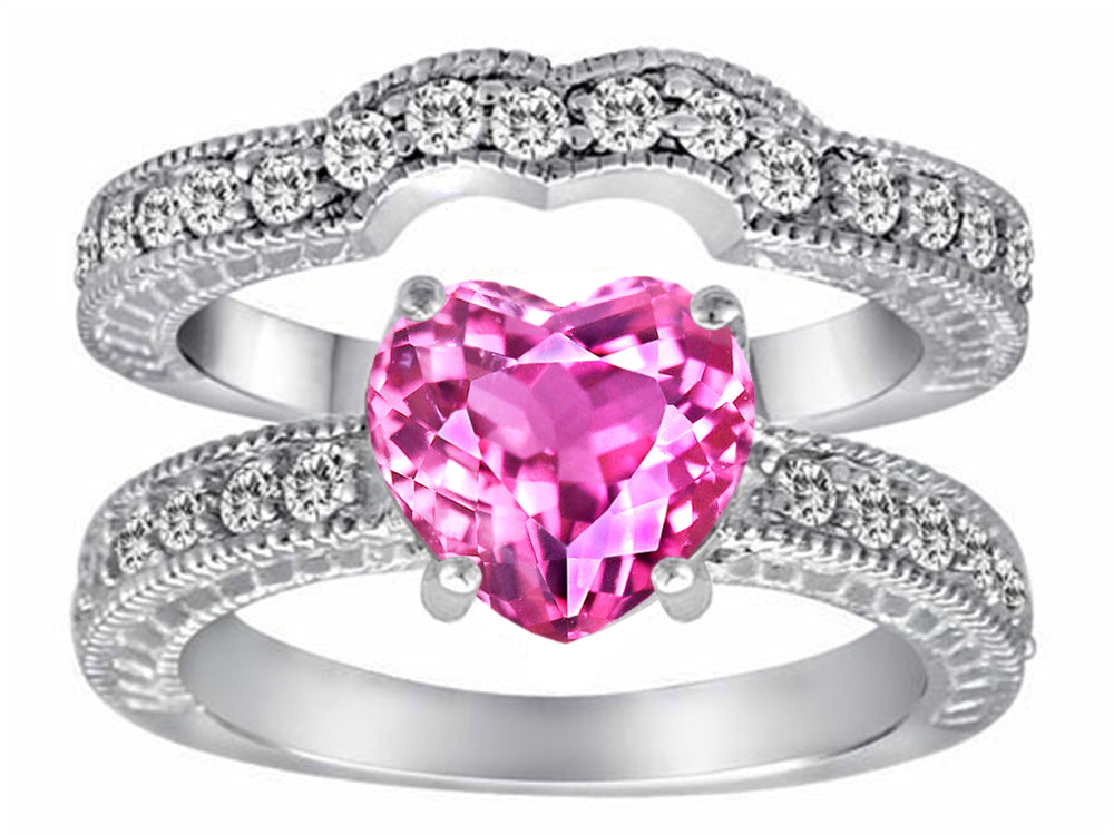 Star K™ 8mm Heart Shape Created Pink Sapphire Wedding Set