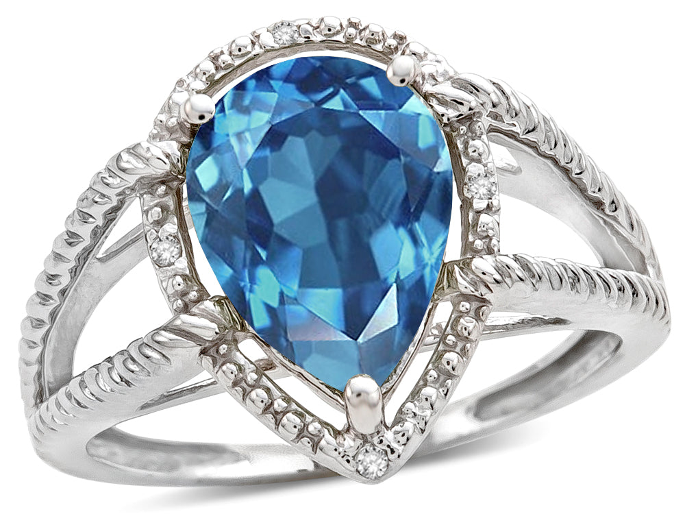 Star K  Pear Shape Genuine Blue Topaz Halo Split Shank Big Stone Ring