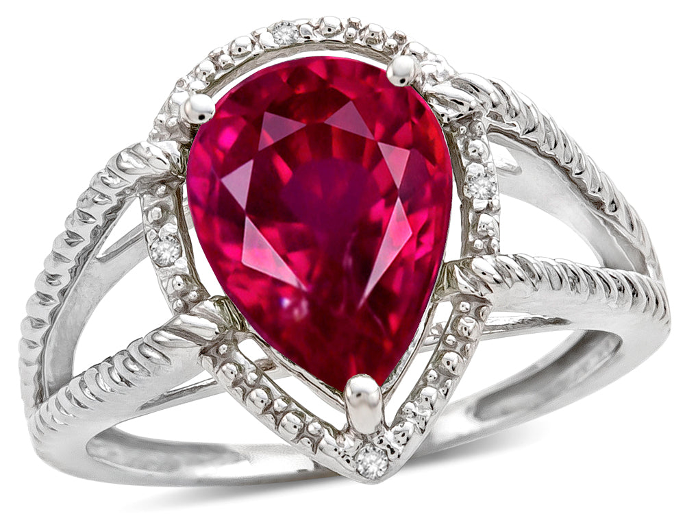 Star K  Pear Shape Created Ruby Halo Split Shank Big Stone Ring