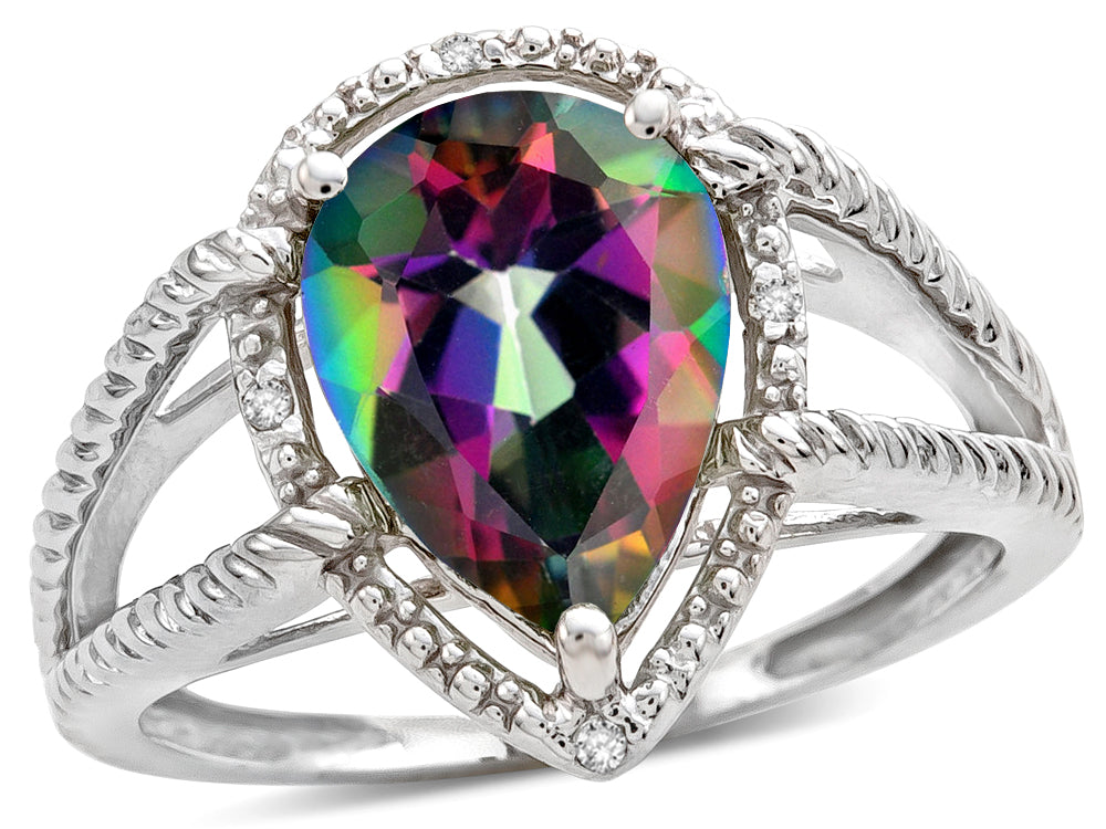 Star K  Pear Shape Mystic Rainbow Topaz Halo Split Shank Big Stone Ring