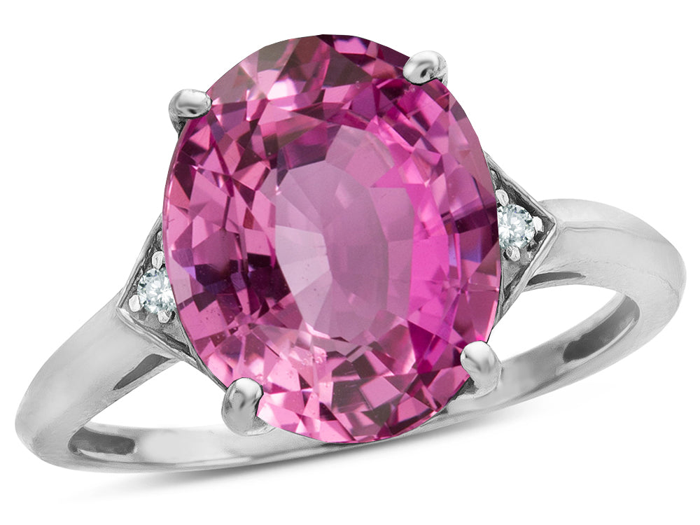 Tommaso Design Large Oval 12x10 Created Pink Sapphire 3 Stone Trillion Setting Ring