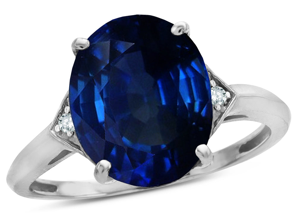Tommaso Design Large Oval 12x10 Created Blue Sapphire 3 Stone Trillion Setting Ring