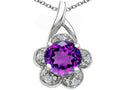 Tommaso Design™ Round 7 mm Genuine Amethyst Flower Pendant Necklace