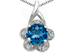 Tommaso Design™ Round 7 mm Genuine Blue Topaz Flower Pendant Necklace