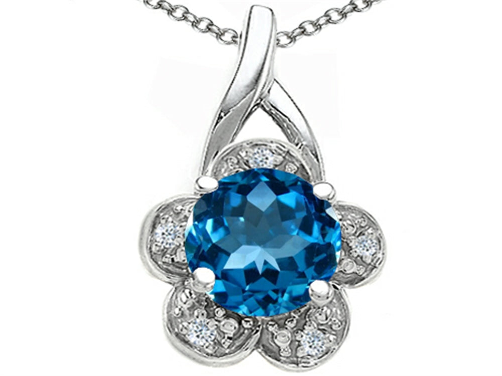 Tommaso Design™ Round 7 mm Genuine Blue Topaz Flower Pendant Necklace