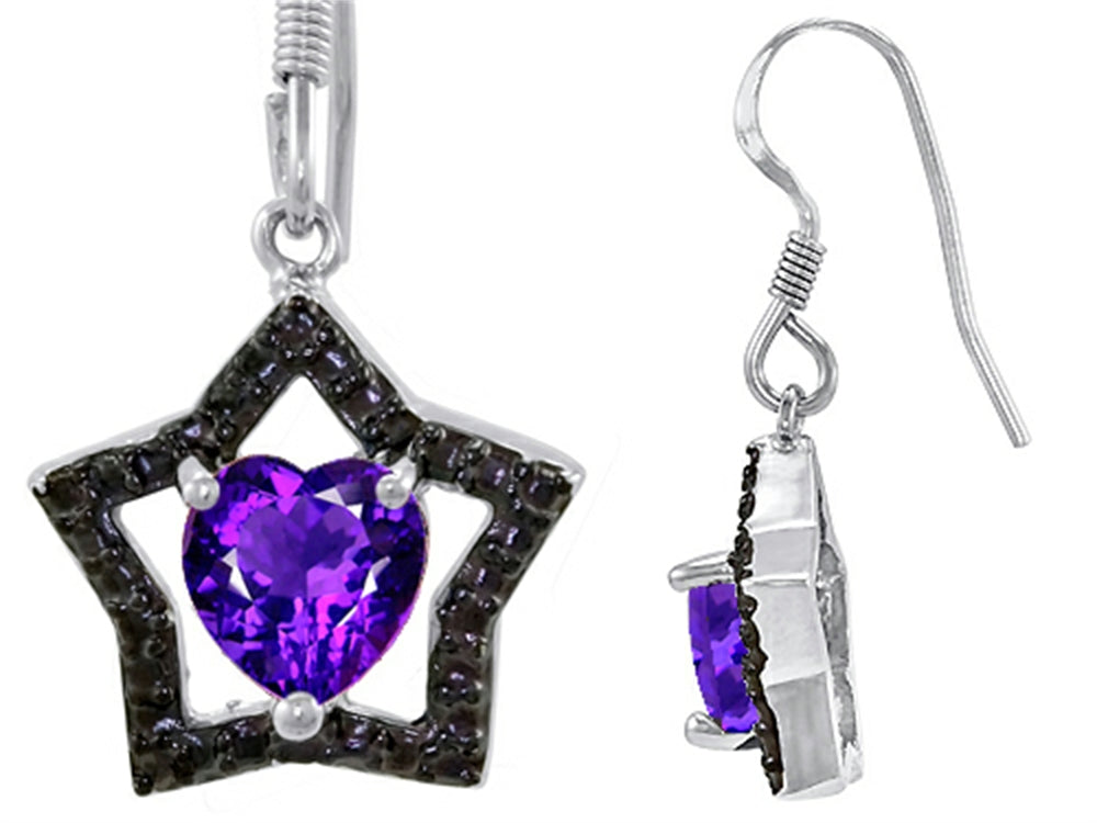 Star K™ 925 Heart Shaped Genuine Amethyst Black Star Hanging Hook Earrings