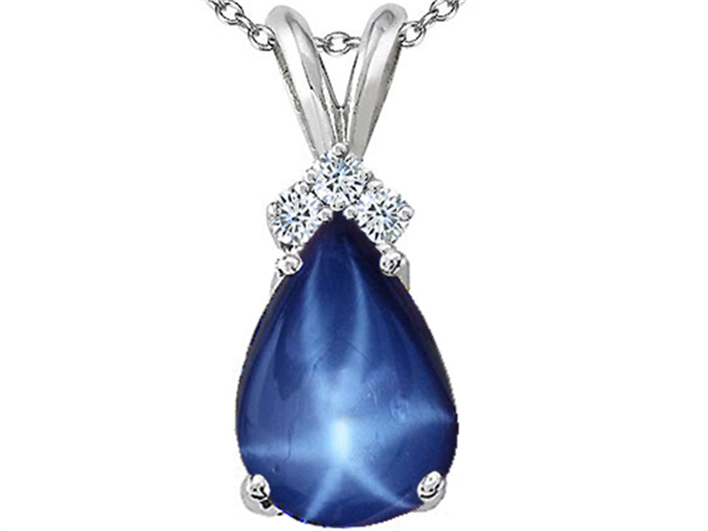 Tommaso Design™ Pear Shape Created 10x7mm Star Sapphire and Diamond Pendant Necklace