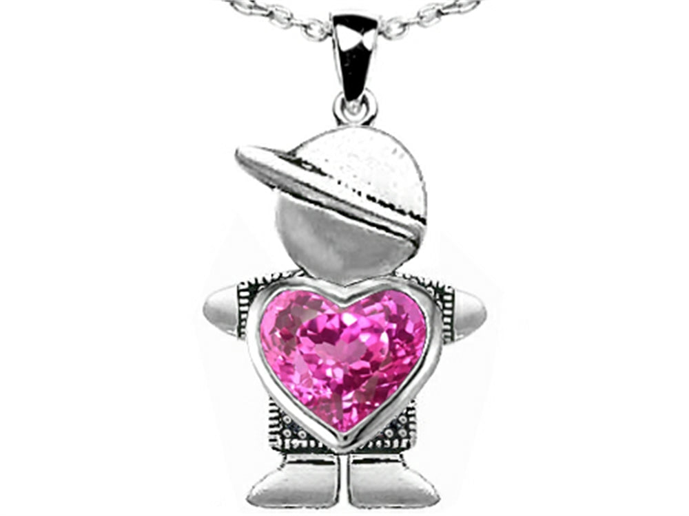 Star K™ Boy Holding 8mm Mother Heart September Birth Month Pendant Necklace with Created Pink Sapphire