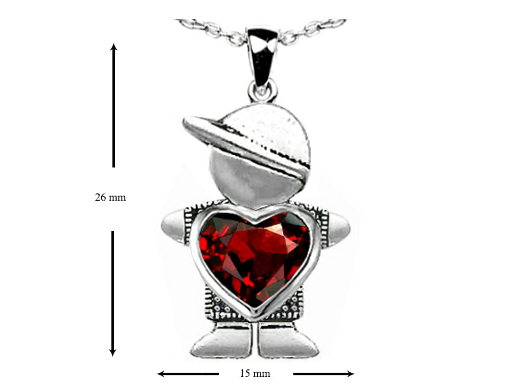 Star K™ Boy Holding 8mm Mother Heart January Birth Month Pendant Necklace with Simulated Garnet