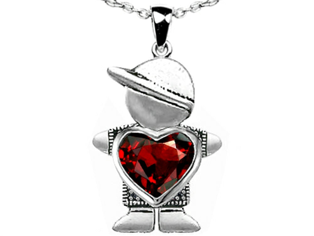 Star K™ Boy Holding 8mm Mother Heart January Birth Month Pendant Necklace with Simulated Garnet