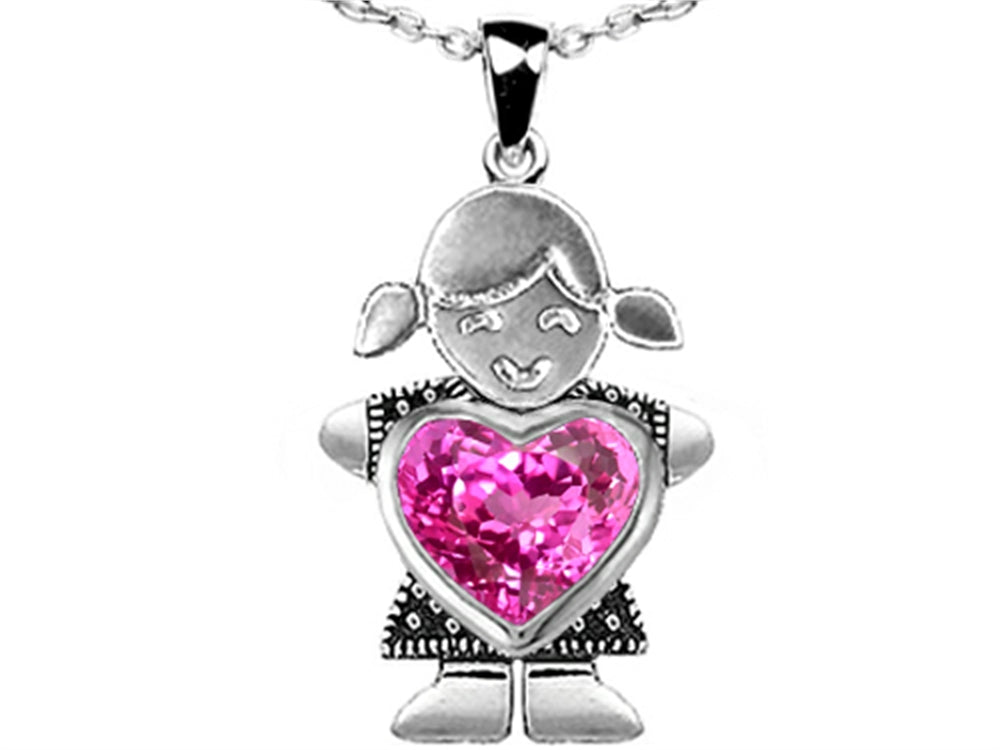 Star K™ Girl Holding 8mm Mother Heart September Birth Month Pendant Necklace with Created Pink Sapphire