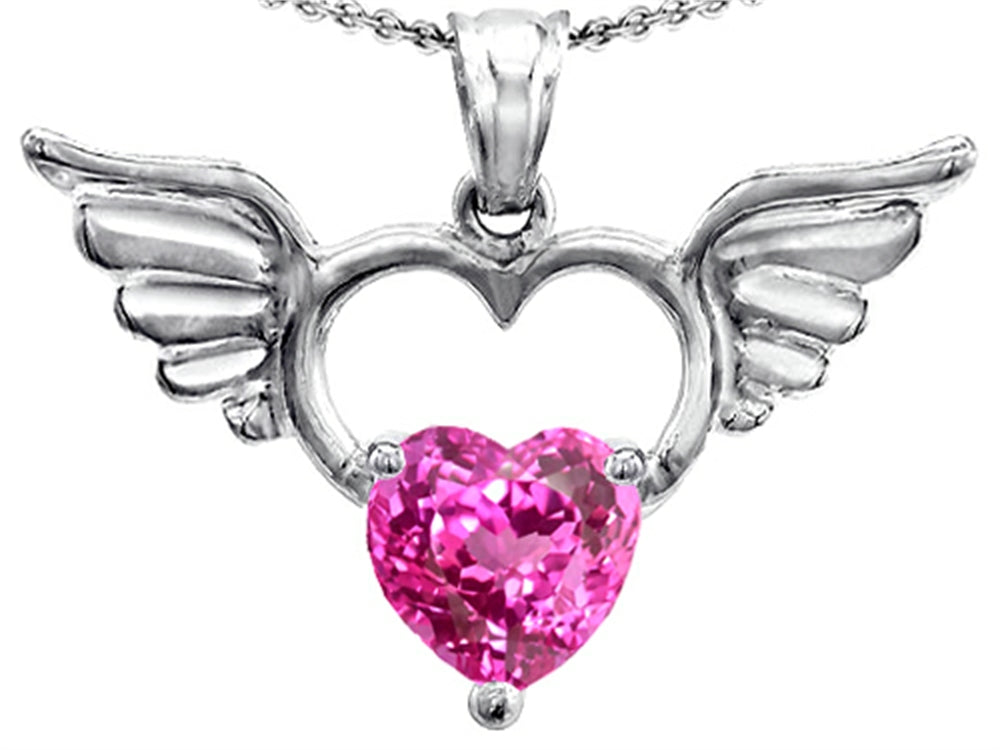 Star K™ Wings Of Love Birth Month Pendant Necklace with 8mm Heart Shape Created Pink Sapphire