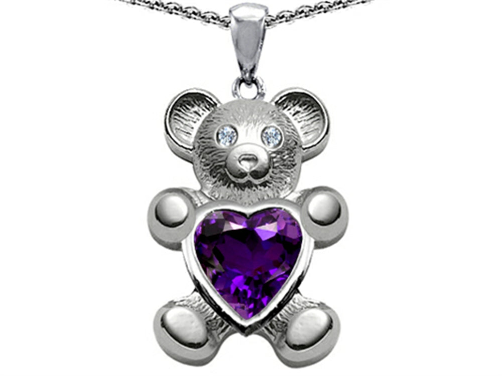 Star K™ Love Bear Holding Birth Month of February 8mm Heart Shape Simulated Amethyst Pendant Necklace
