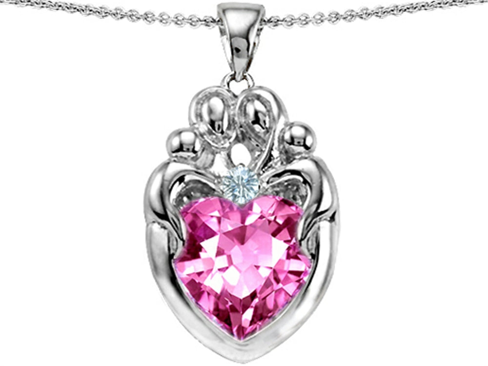 Star K™ Large Loving Mother Twin Family Pendant Necklace With 12mm Heart Created Pink Sapphire