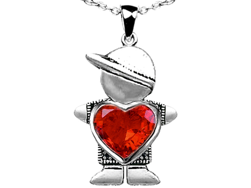 Star K™ Boy Holding 8mm Mother Heart October Birth Month Pendant Necklace with Simulated Mexican Fire Opal
