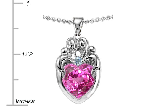 Star K™ Loving Mother Twins Family Pendant Necklace With 8mm Heart Created Pink Sapphire