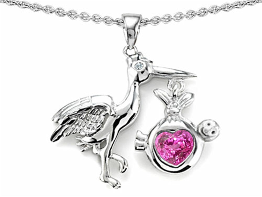 Star K™ Baby Stork Mother Pendant Necklace with Heart Shape Created Pink Sapphire