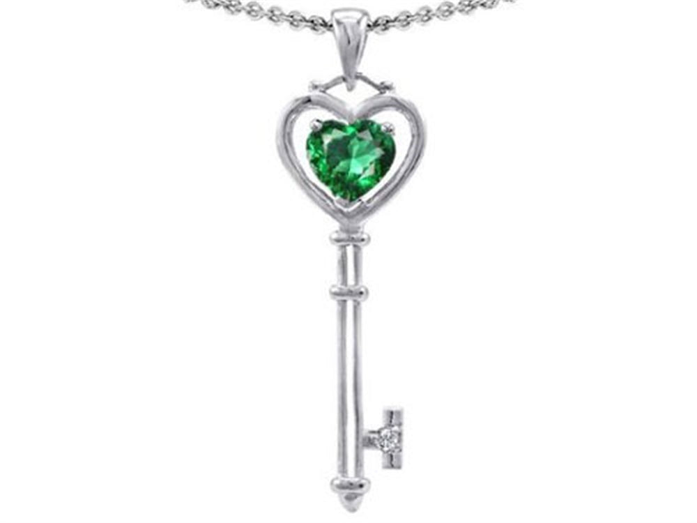 Tommaso Design™ Key to my Heart Love Key Pendant Necklace with Simulated Heart Shape Emerald