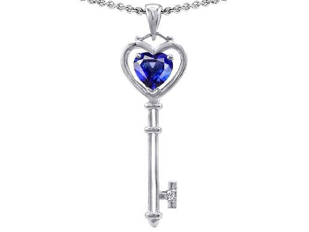 Tommaso Design™ Key to my Heart Love Key Pendant Necklace with Heart Shape Created Blue Sapphire