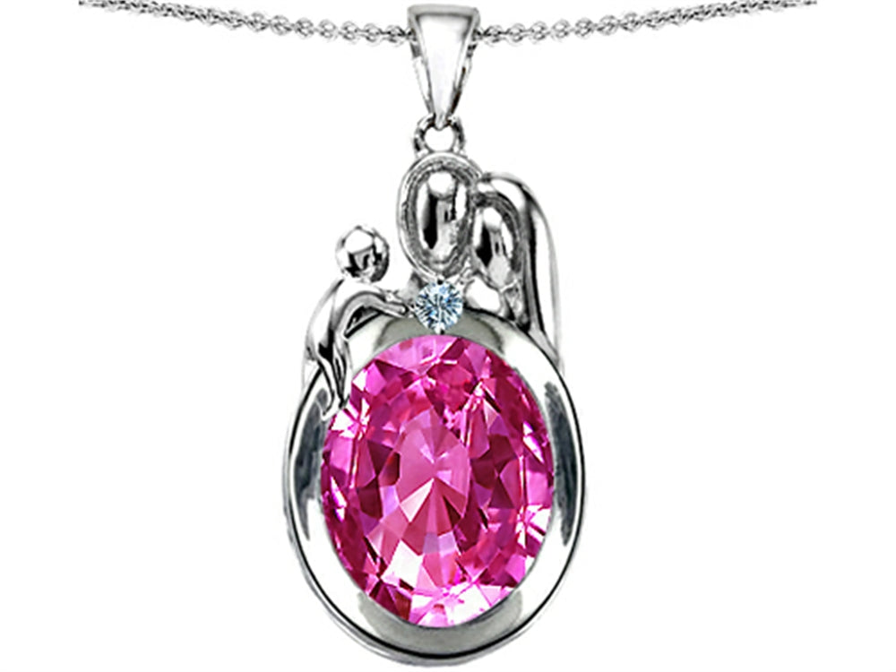 Star K™ Loving Mother And Father With Child Pendant Necklace With Oval 11x9mm Created Pink Sapphire