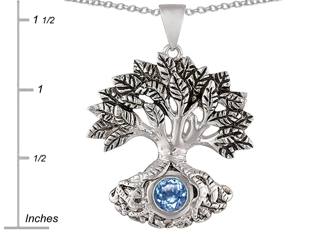 Star K Tree Of Life Good Luck Pendant Necklace With 7mm Round Simulated Aquamarine